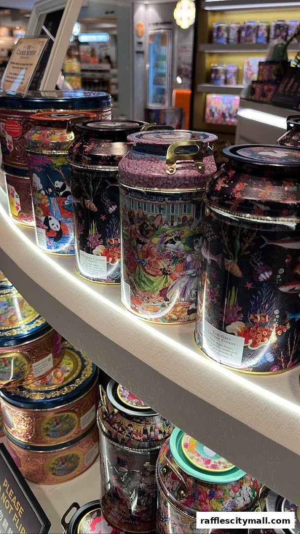 A display of beautifully decorated cookie tins with intricate designs and various themes.