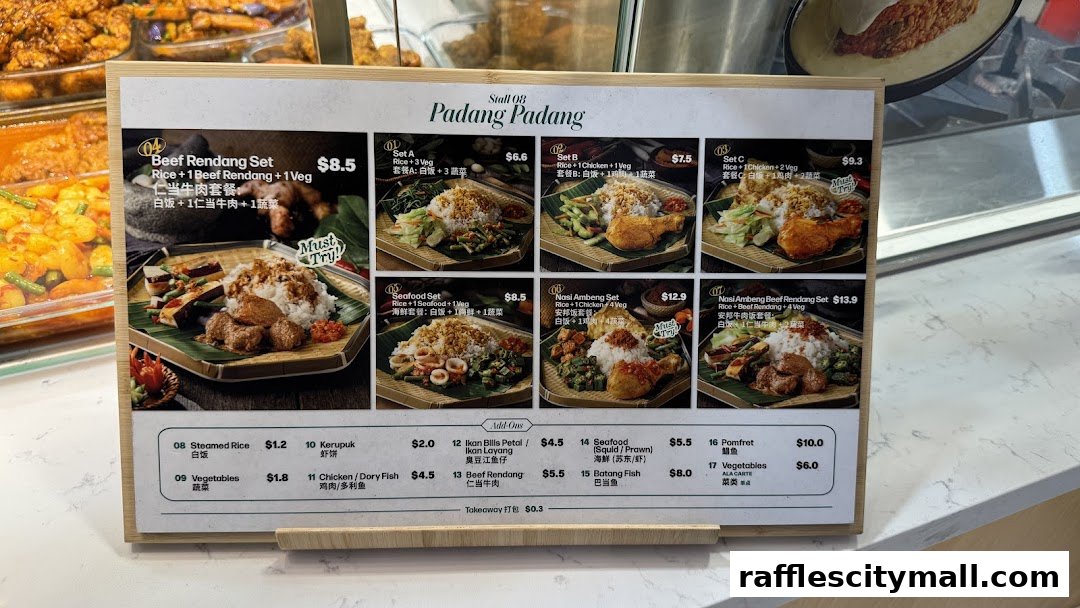A menu board for Padang Padang featuring various sets and add-on items with prices.