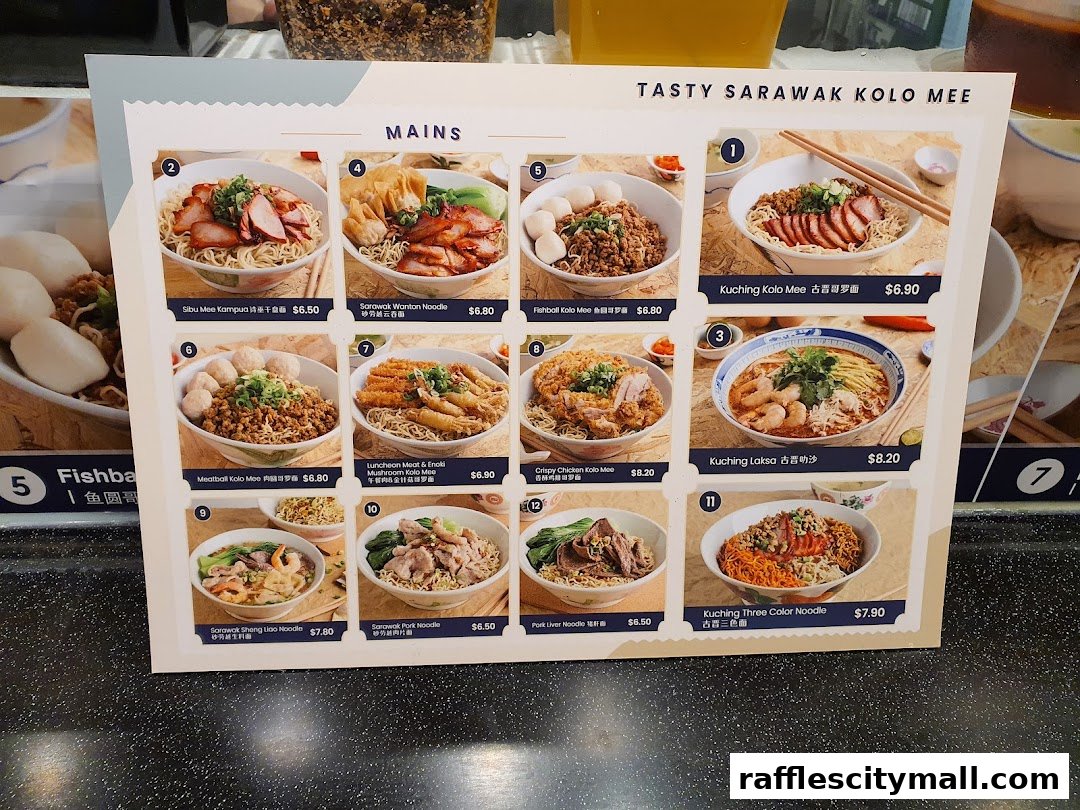 A menu board displaying various Sarawak Kolo Mee dishes with prices and images.