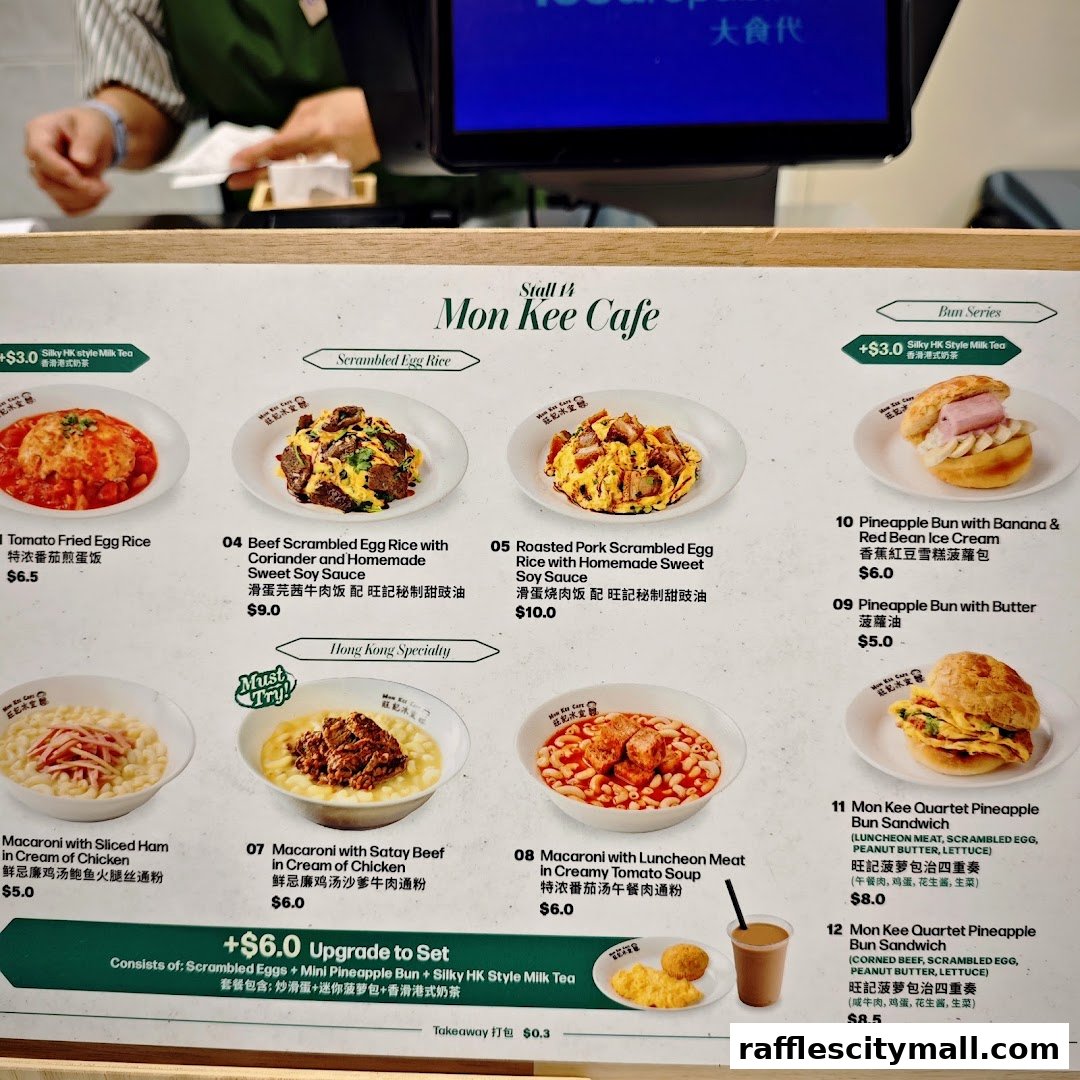 A menu display for Mon Kee Cafe, showcasing various Hong Kong-style dishes and bun sandwiches.