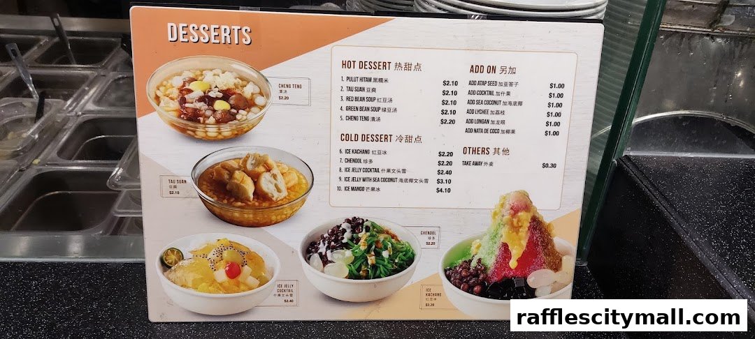 A menu board displaying various hot and cold desserts with prices and images.