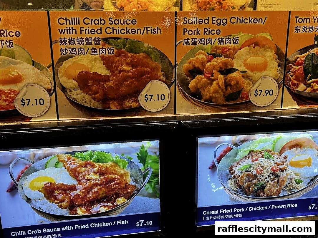 A menu display featuring various rice dishes with prices and images.