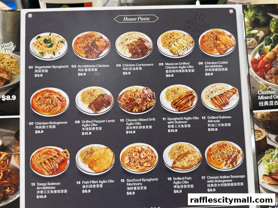 A menu featuring various pasta dishes with images and prices.