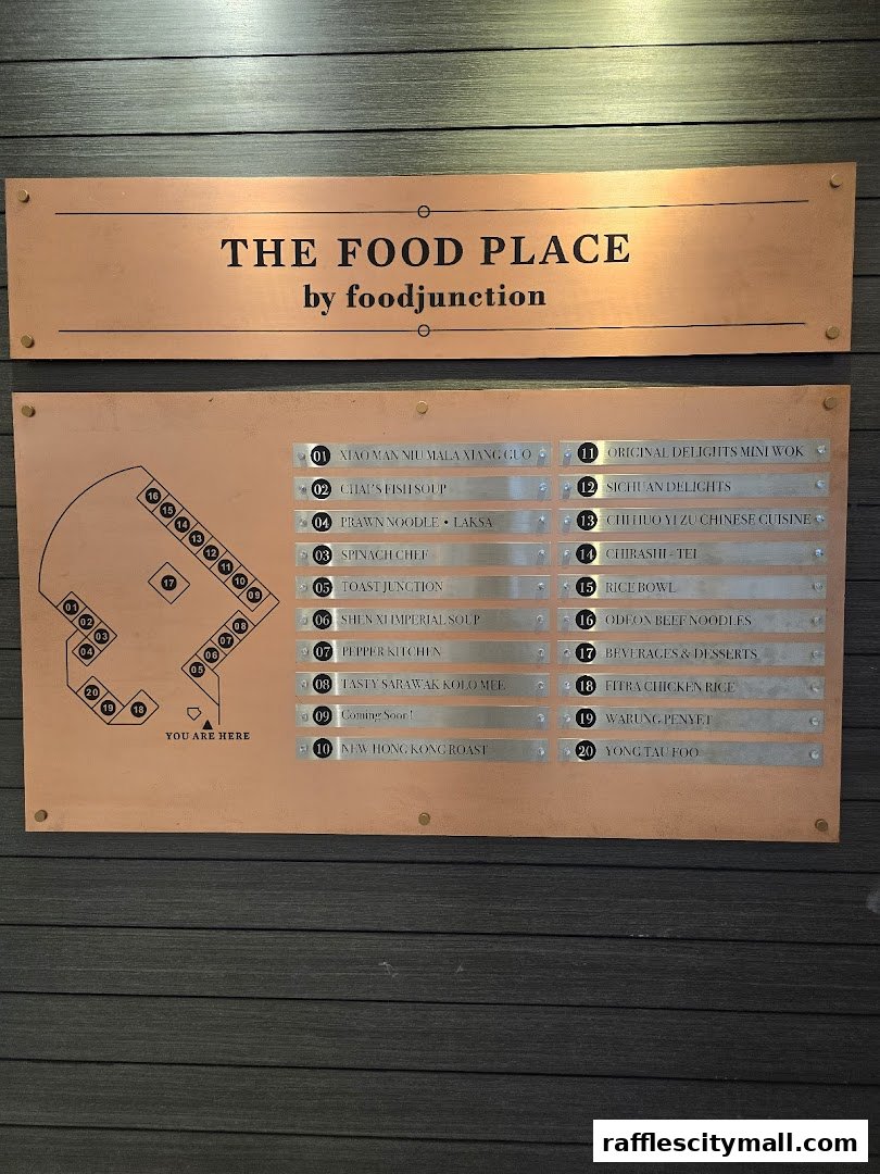 A sign displaying the name of the food court and a list of food stalls with their numbers.
