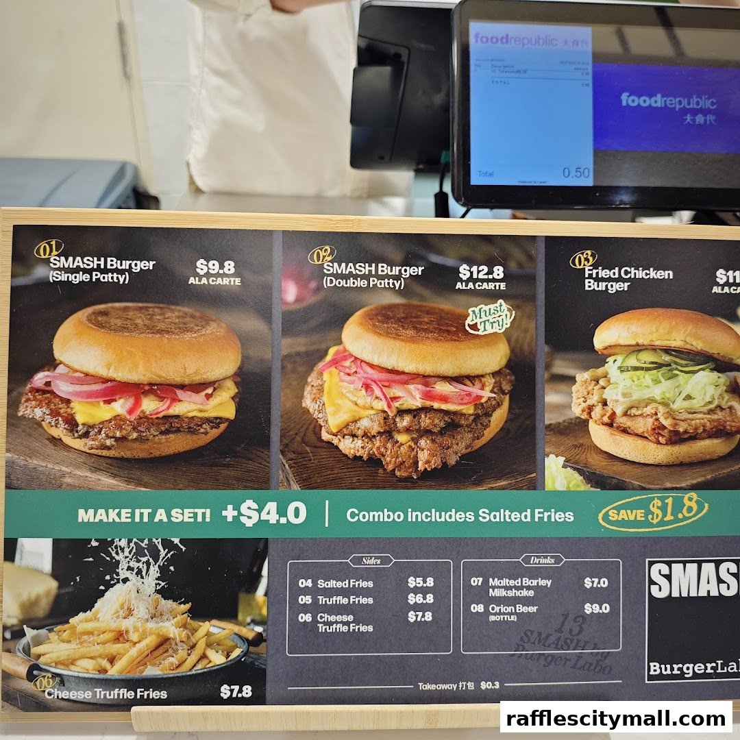 A menu board showcasing various burgers, fries, and drinks from The Food Place by Food Republic.