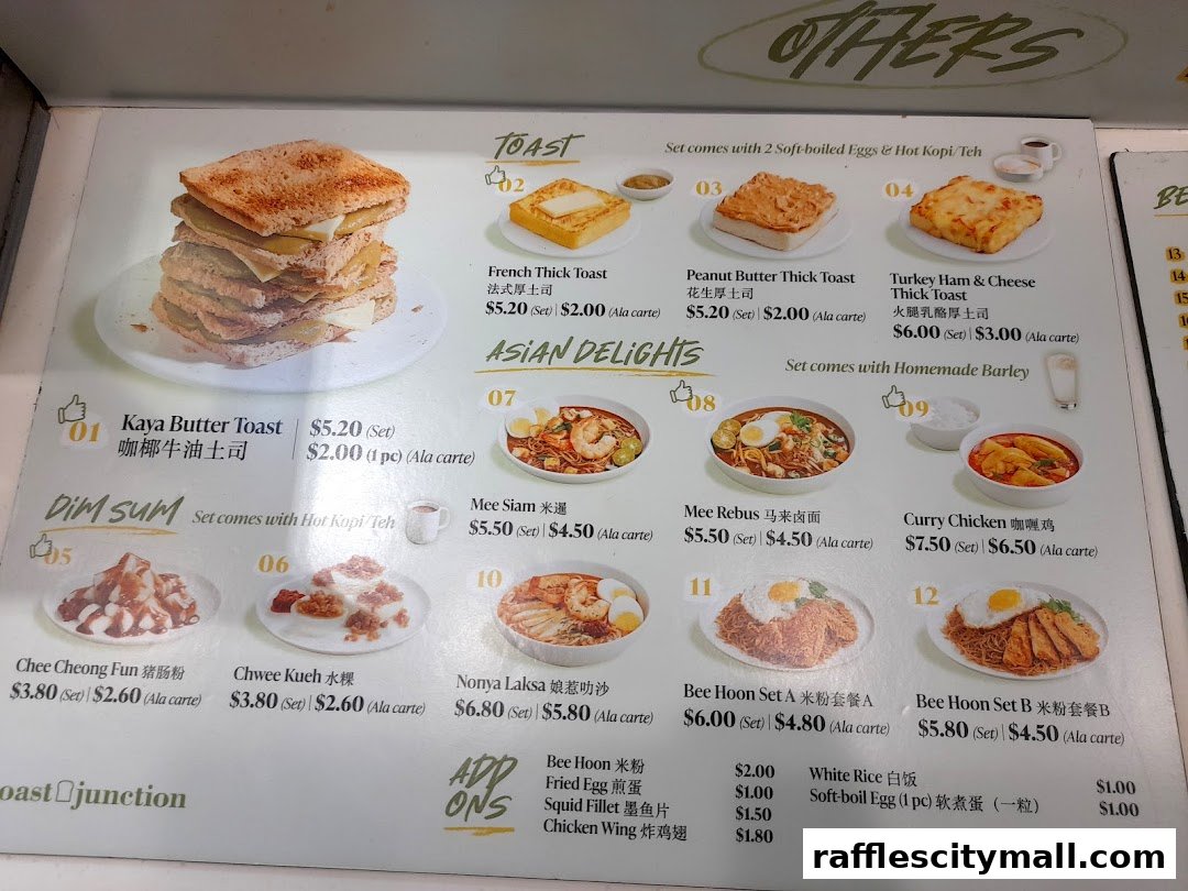 A menu display featuring various toast, Asian delights, and dim sum dishes with prices.