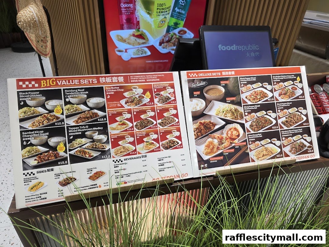 A menu display for 'The Food Place by Food Republic' featuring various set meals and sides.