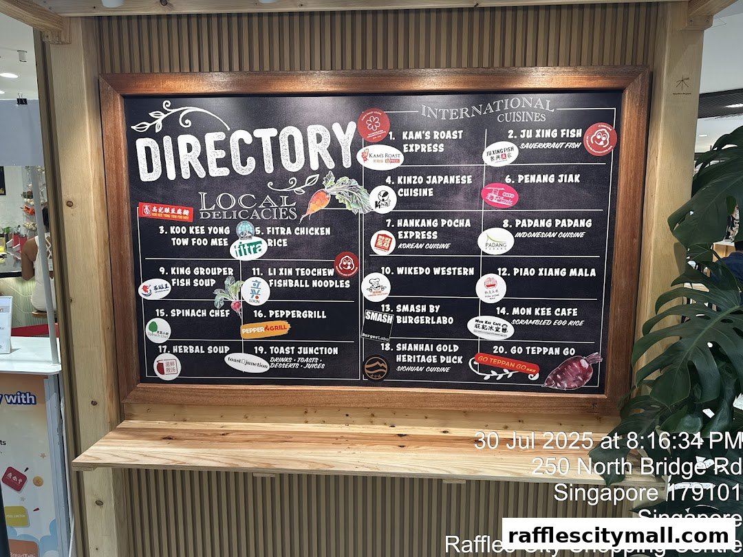 A directory board showcasing various local delicacies and international cuisines available at The Food Place.