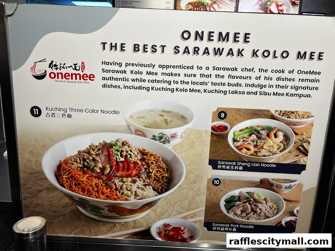 A menu display for OneMee, showcasing Sarawak Kolo Mee dishes with vibrant food photography.