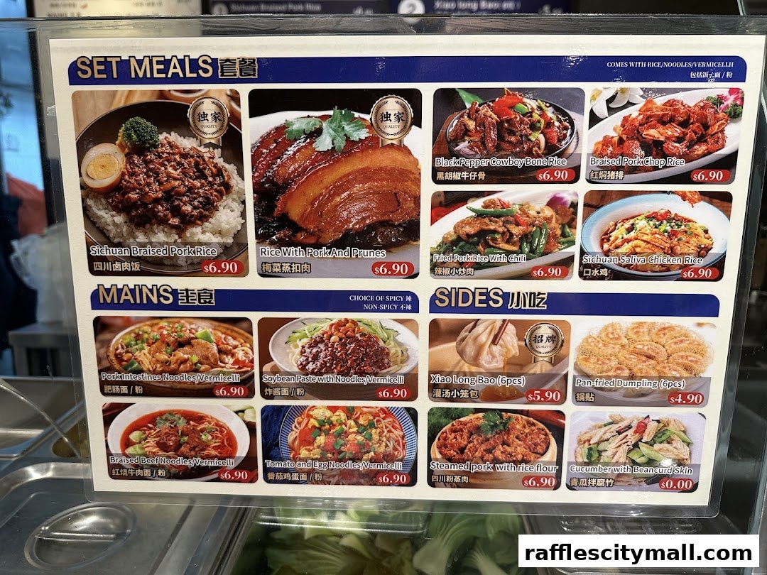 A menu board displaying various set meals, mains, and sides with images and prices.