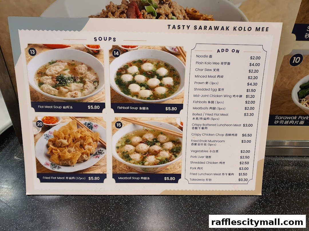 A menu board displaying various soup dishes and add-on options with prices.