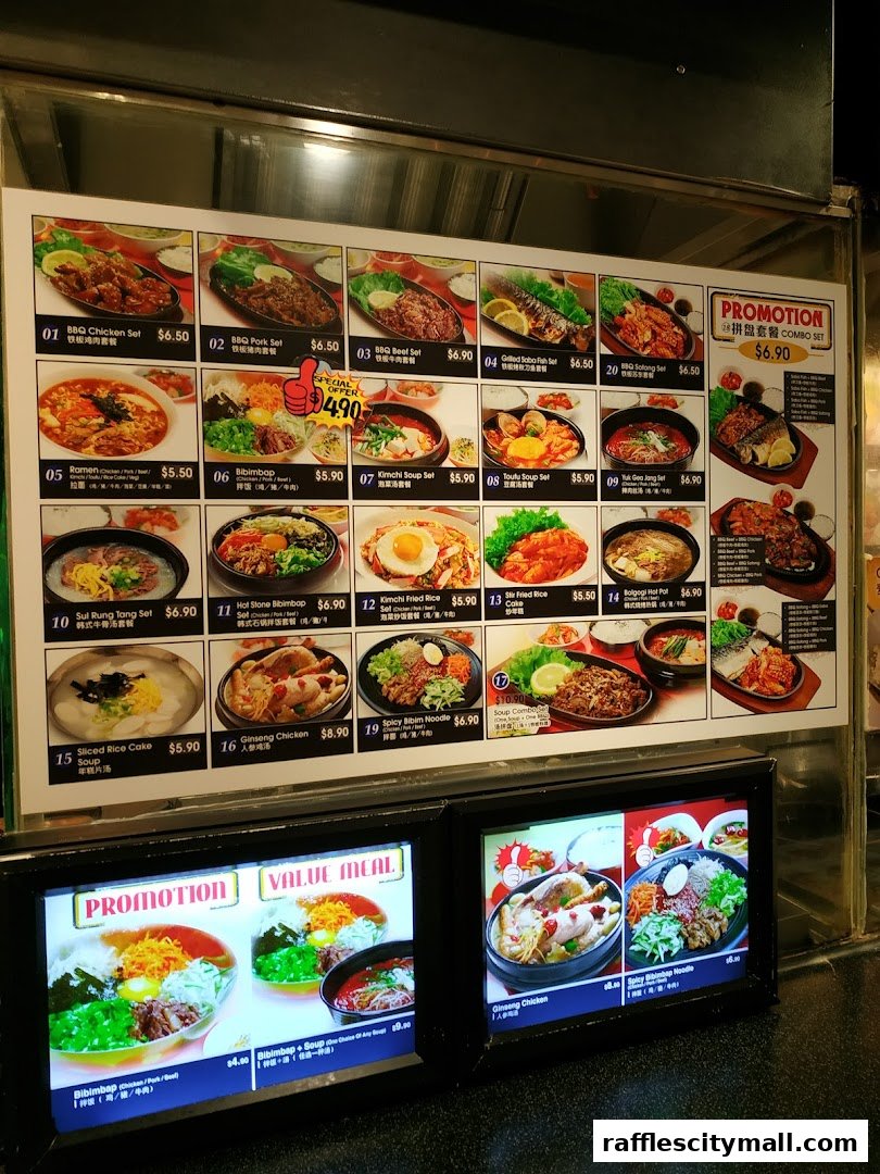 A menu board displaying various Korean food sets with prices and images.