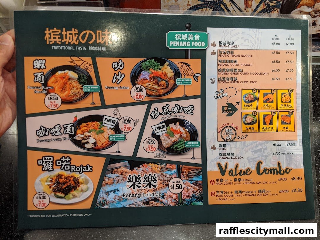 A menu featuring Penang food, including noodles, laksa, rojak, and lok lok.