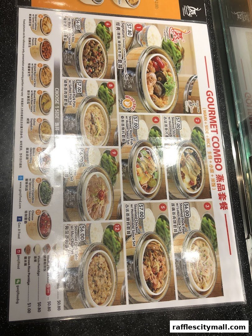 A menu featuring gourmet combo meals with various steamed dishes and side options.