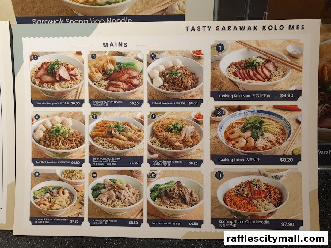 A menu showcasing various Sarawak Kolo Mee dishes and other noodle options with prices.