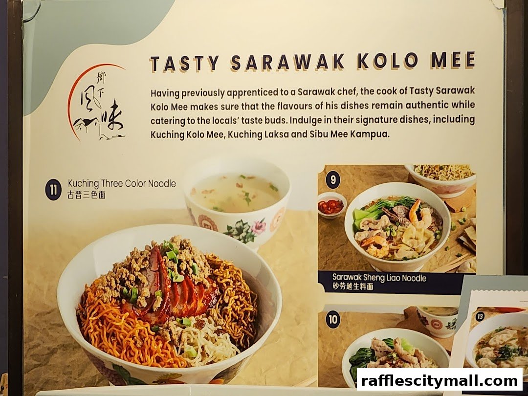 A menu display featuring various noodle dishes from Tasty Sarawak Kolo Mee.