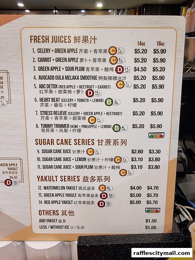 A menu board displaying various fresh juices, sugar cane series, and Yakult series drinks with prices.