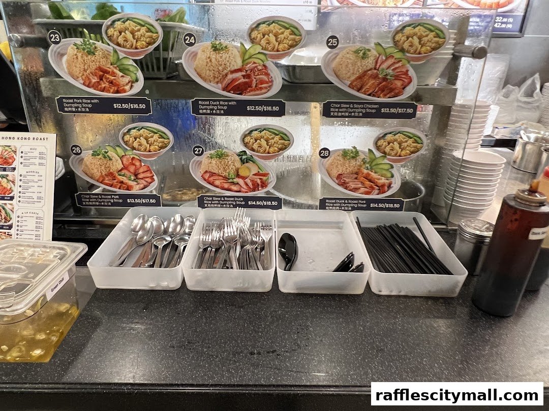 A display of various rice dishes with meat and soup, along with cutlery and condiments.