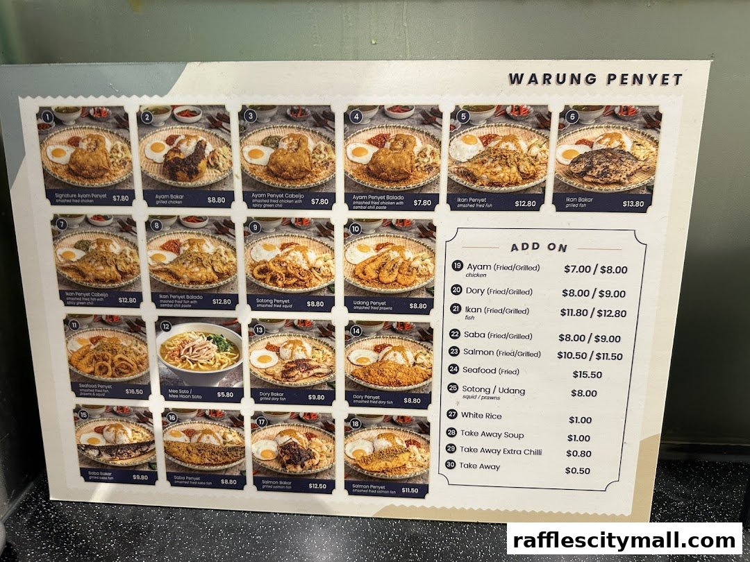 A menu for Warung Penyet featuring various Indonesian dishes with prices and images.