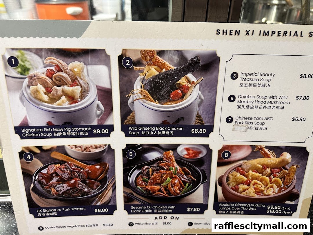 A menu showcasing various Chinese soups and dishes with appetizing images and prices.