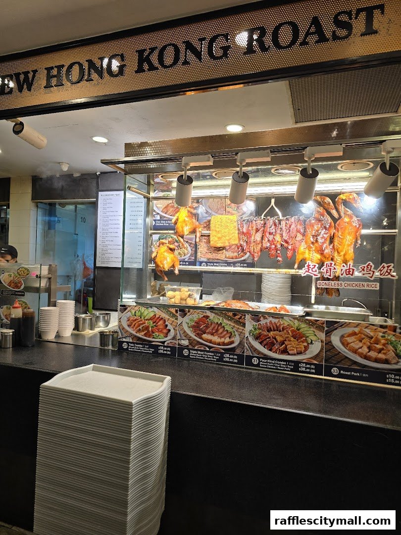 A food stall display featuring roasted meats like duck and pork, with a menu visible.