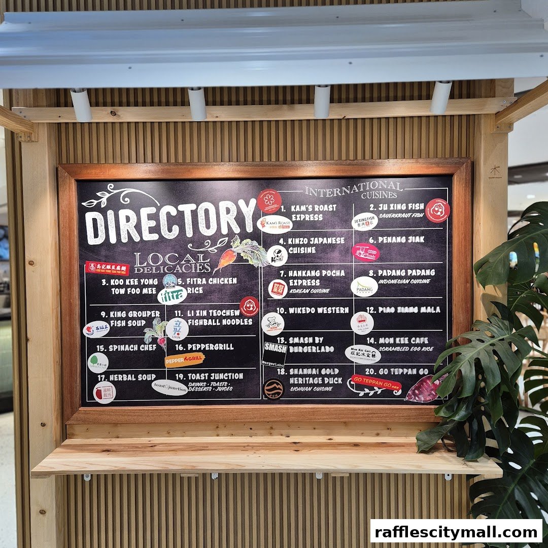 A directory board listing various local and international cuisines available at The Food Place.