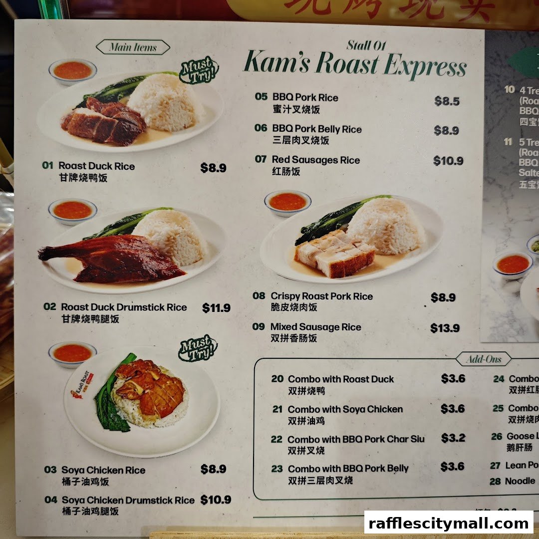 A menu from Kam's Roast Express featuring various roast meats and rice dishes.