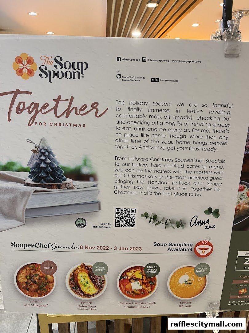 A promotional poster for The Soup Spoon's Christmas specials featuring festive imagery and soup descriptions.