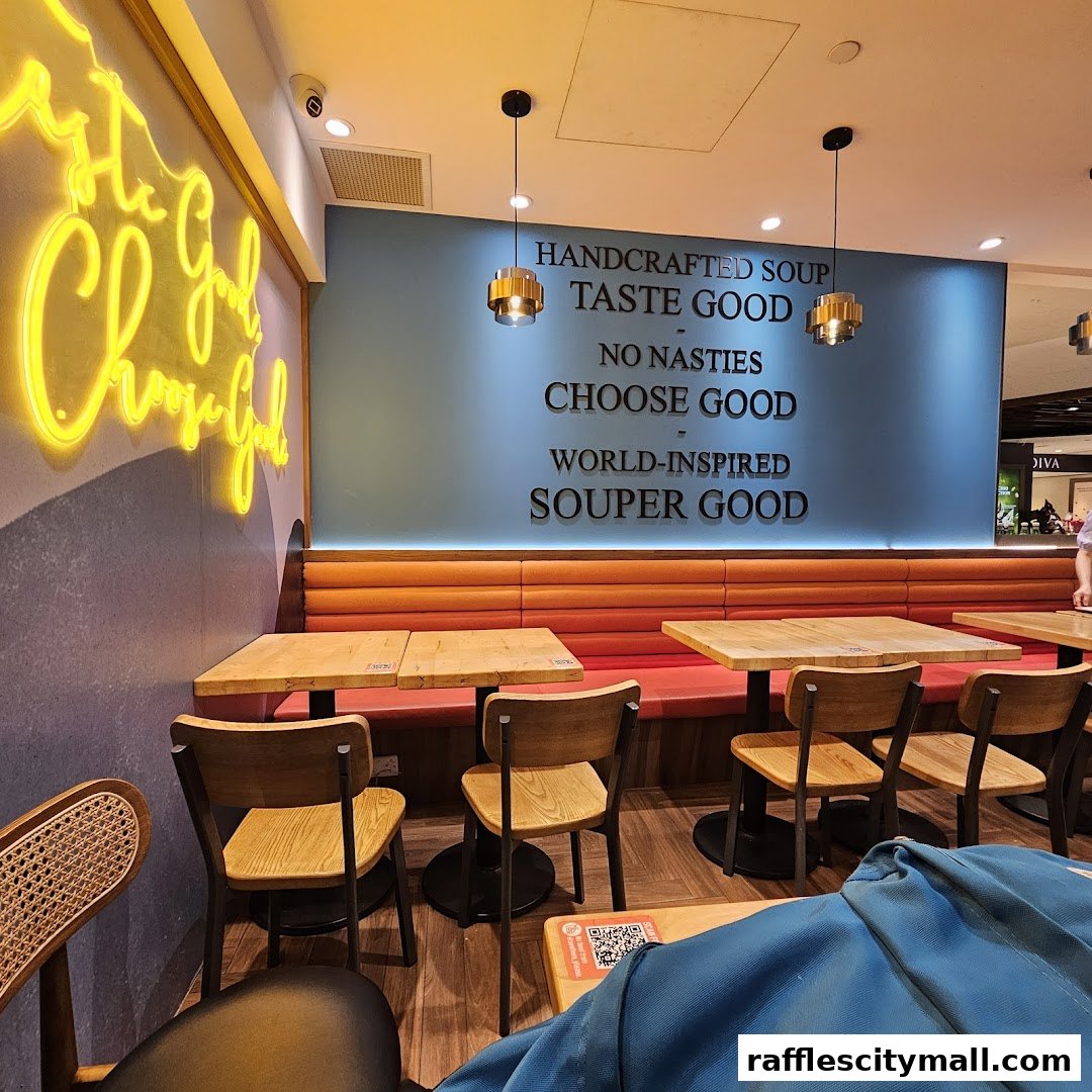 Interior of The Soup Spoon restaurant with seating and wall decor.