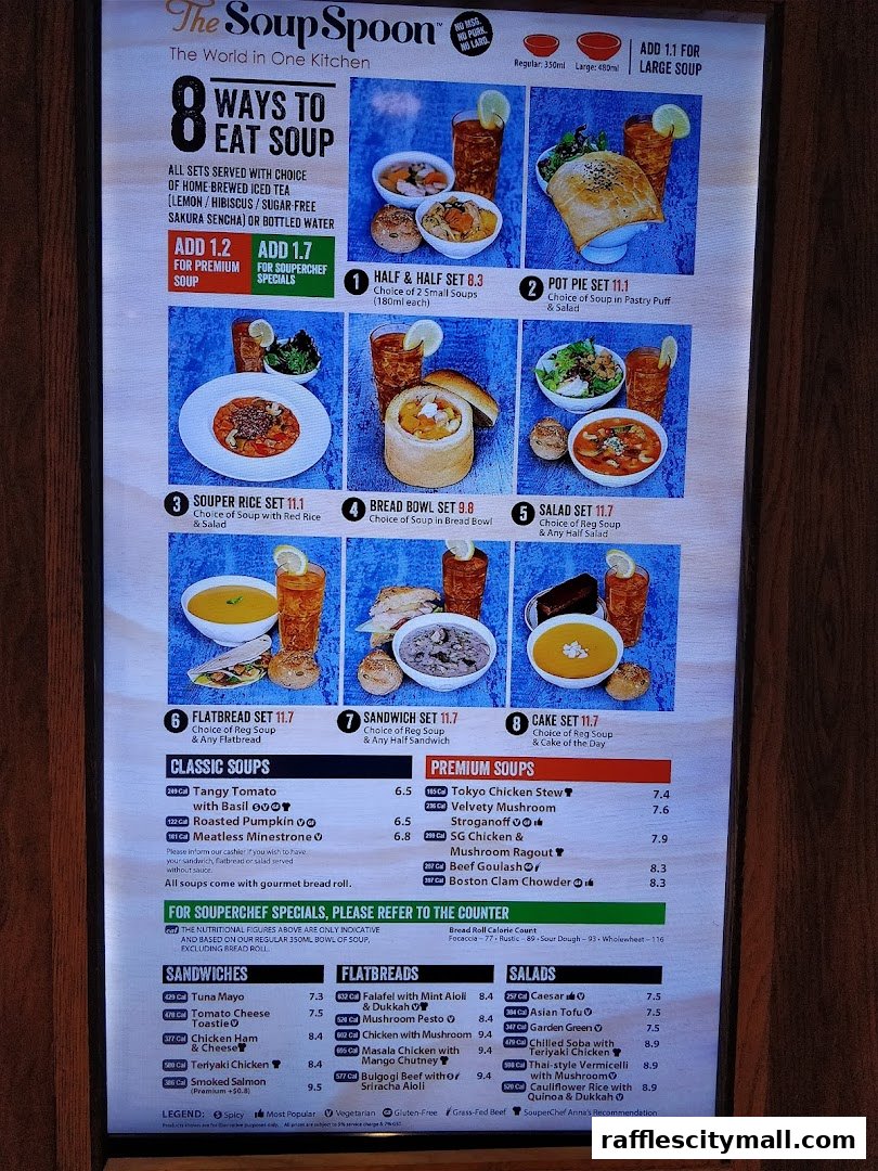 A brightly lit menu board showcasing various soup sets, classic and premium soups, sandwiches, flatbreads, and salads.