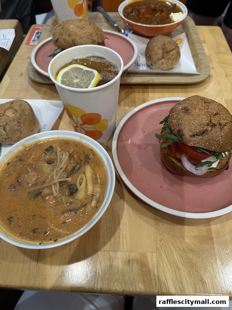 A table laden with various dishes including soup, a burger, bread rolls, and a drink.