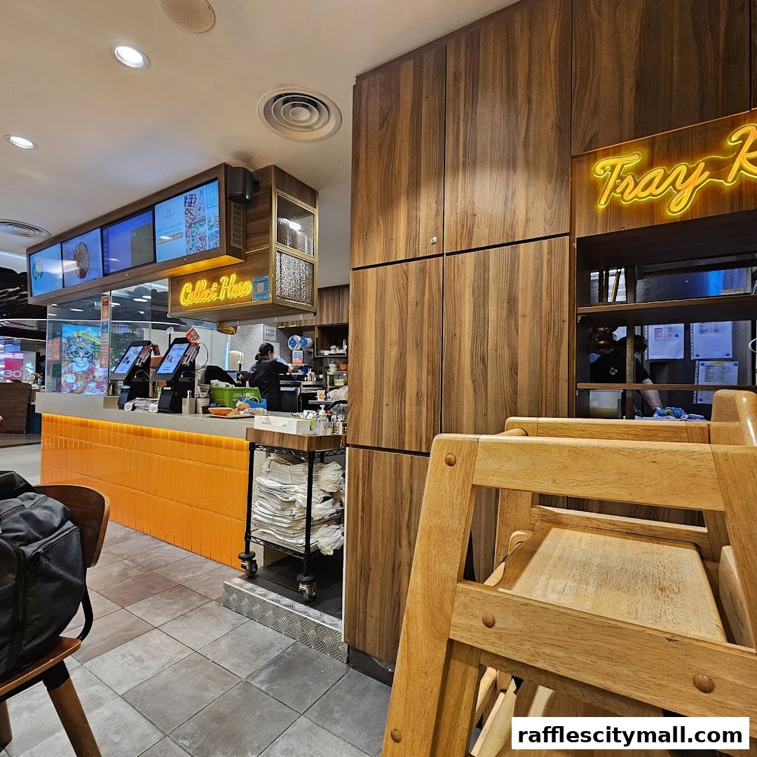 Interior view of The Soup Spoon with a bright orange counter and wooden cabinets.