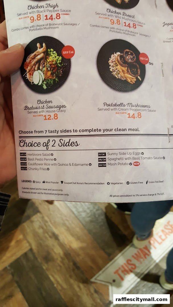 A menu from The Soup Spoon showing main dishes and a choice of sides.