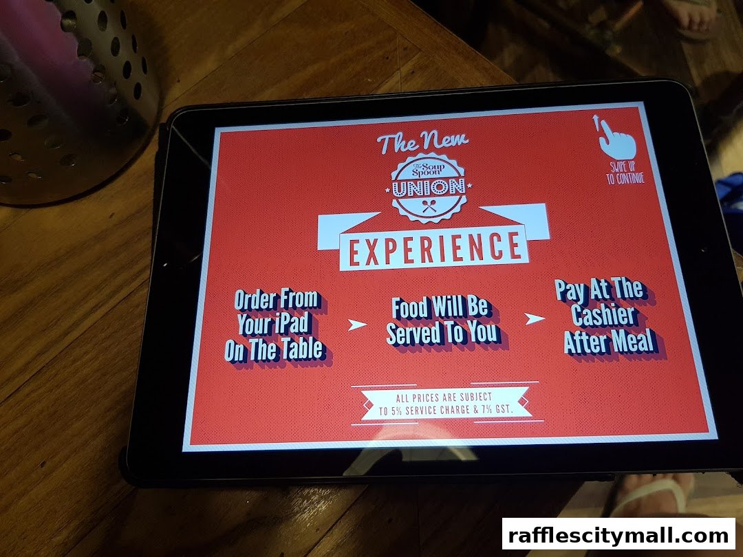 A tablet displays ordering instructions for The Soup Spoon Union experience.