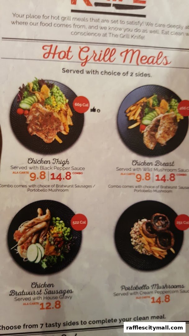A menu featuring hot grill meals with descriptions and prices.