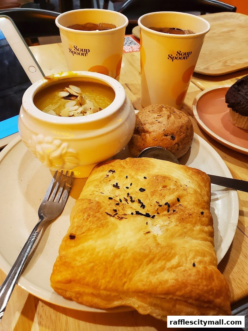 A close-up of a meal at The Soup Spoon, featuring soup, bread, and drinks.