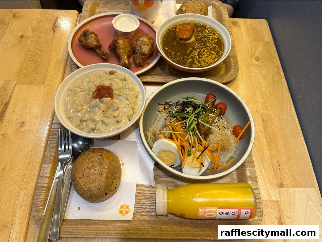 A wooden tray holds a meal with soup, chicken, salad, bread, and a juice bottle.