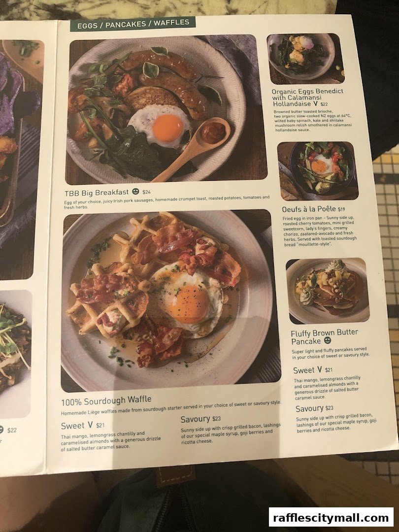 A menu page from Tiong Bahru Bakery featuring breakfast and brunch items like waffles and pancakes.