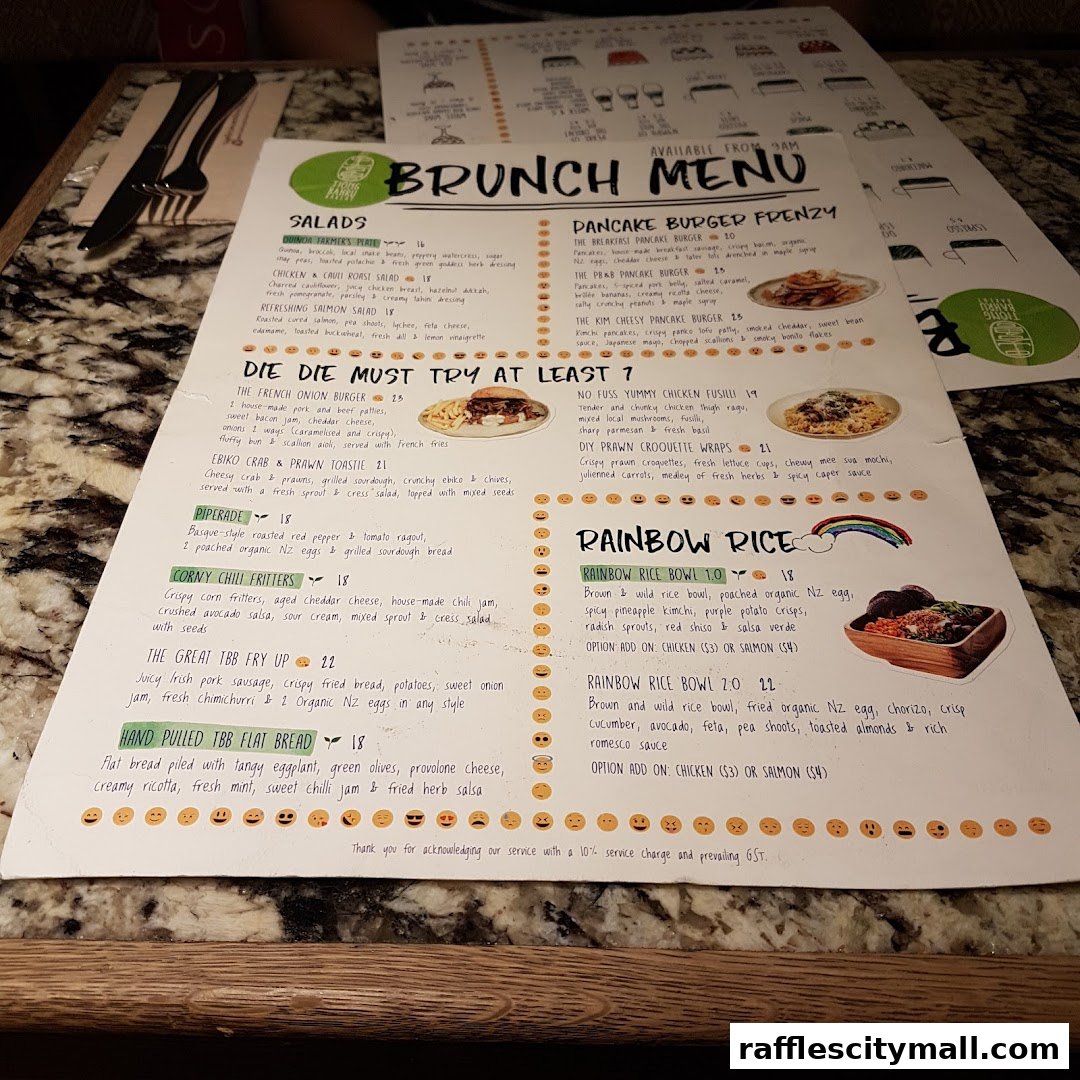 A brunch menu from Tiong Bahru Bakery with various dishes and prices.