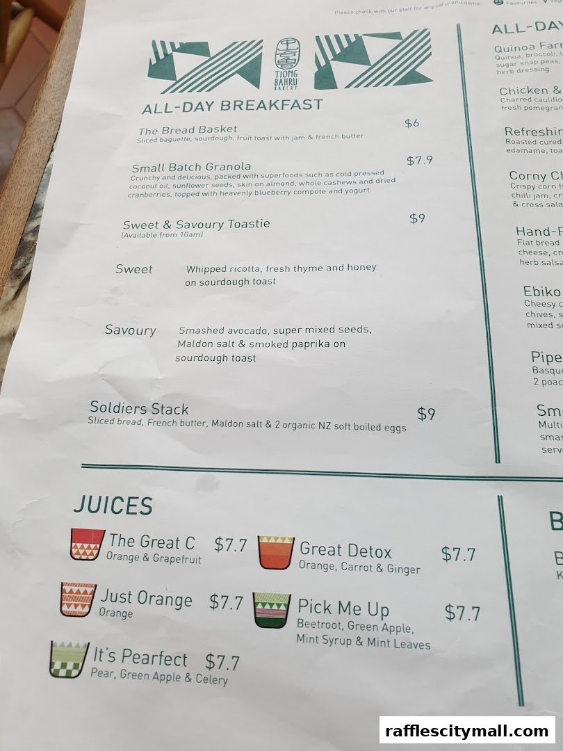 A menu from Tiong Bahru Bakery featuring all-day breakfast and juices.