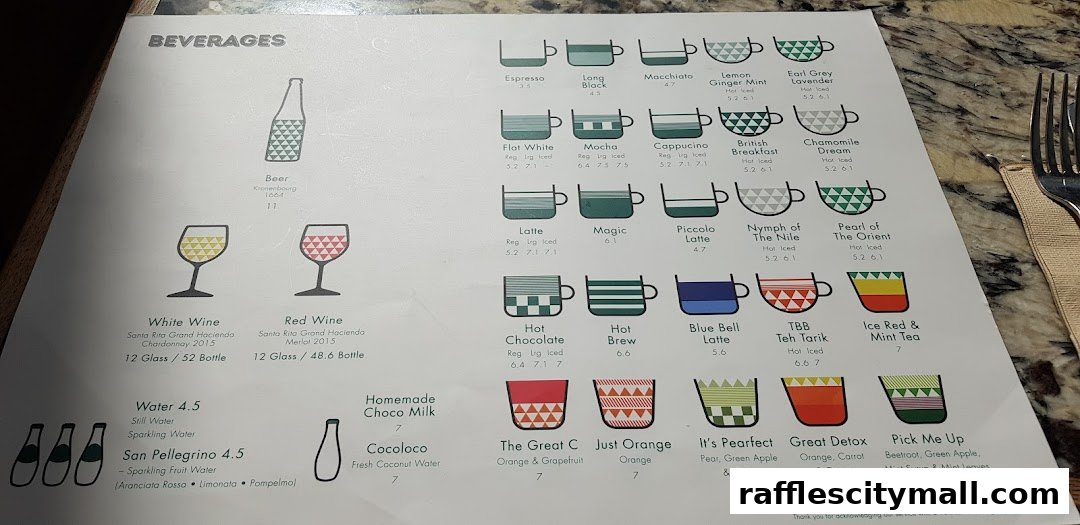 A menu from Tiong Bahru Bakery featuring various beverages like coffee, tea, wine, and juices.
