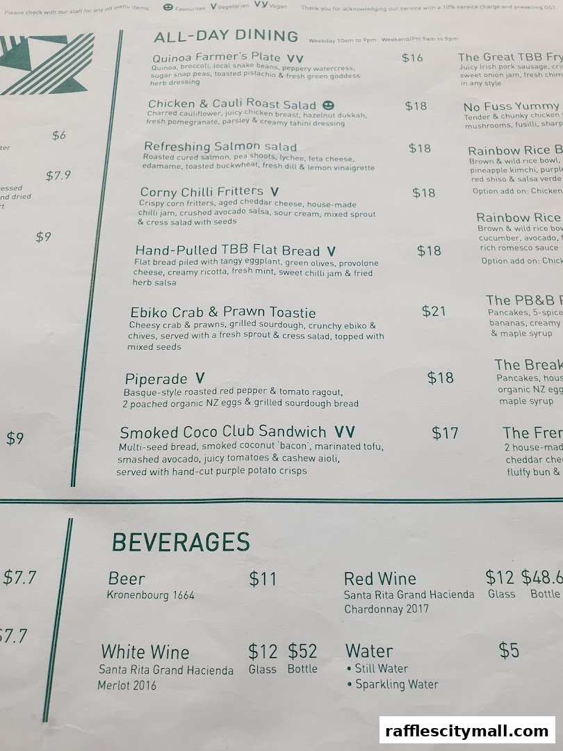 A menu from Tiong Bahru Bakery featuring all-day dining and beverages.