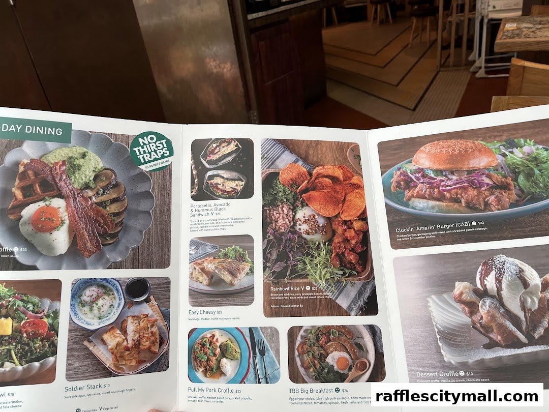 A menu showcasing various breakfast and lunch dishes with appealing food photography.