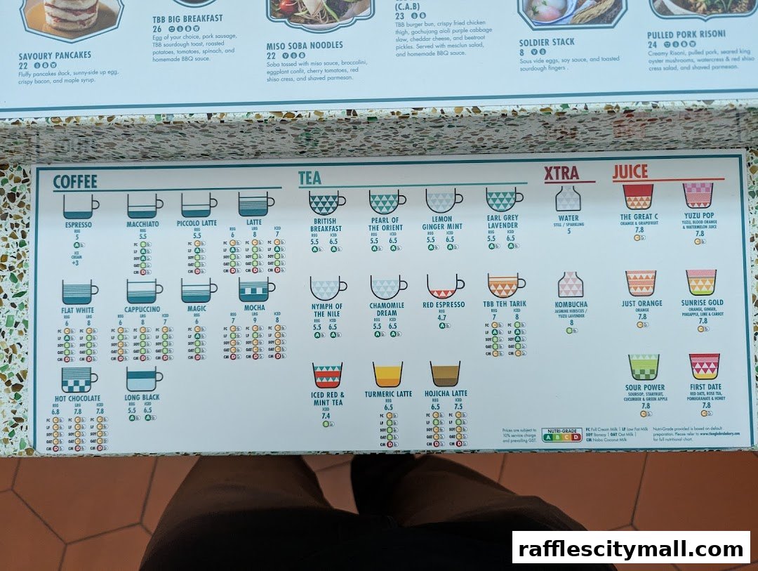 A menu board displaying various coffee, tea, juice, and other beverage options with prices.