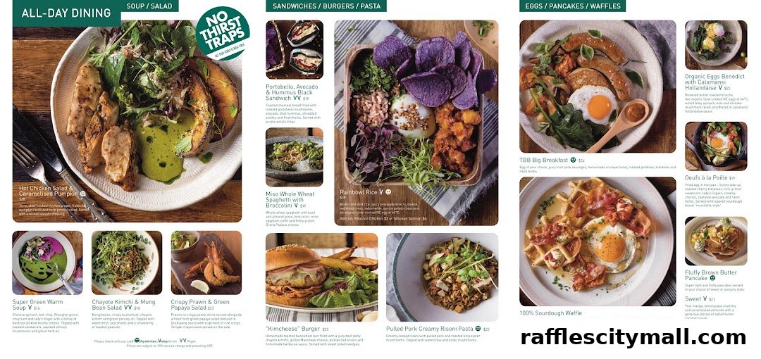 A menu showcasing various dishes including salads, sandwiches, pasta, breakfast items, and waffles.