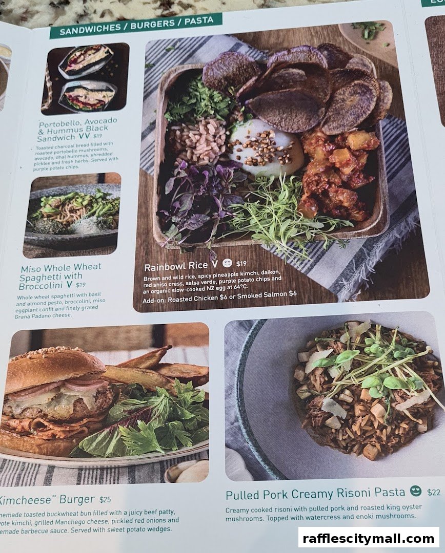 A menu page showcasing various sandwiches, burgers, and pasta dishes with appealing food photography.