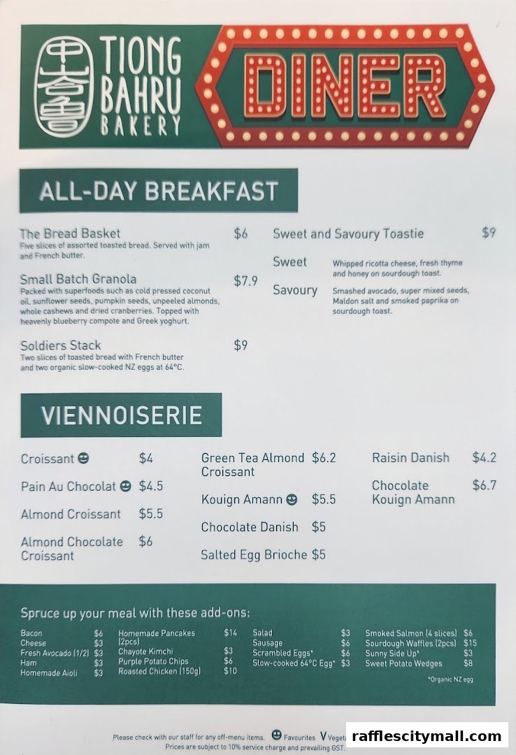 A menu from Tiong Bahru Bakery featuring all-day breakfast, viennoiserie, and add-on items.