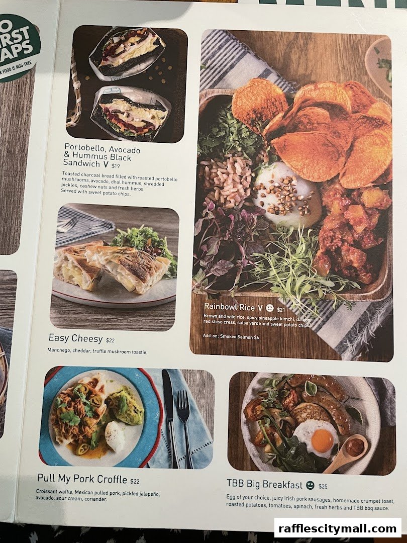 A menu page showcasing various breakfast and sandwich options with appealing food photography.