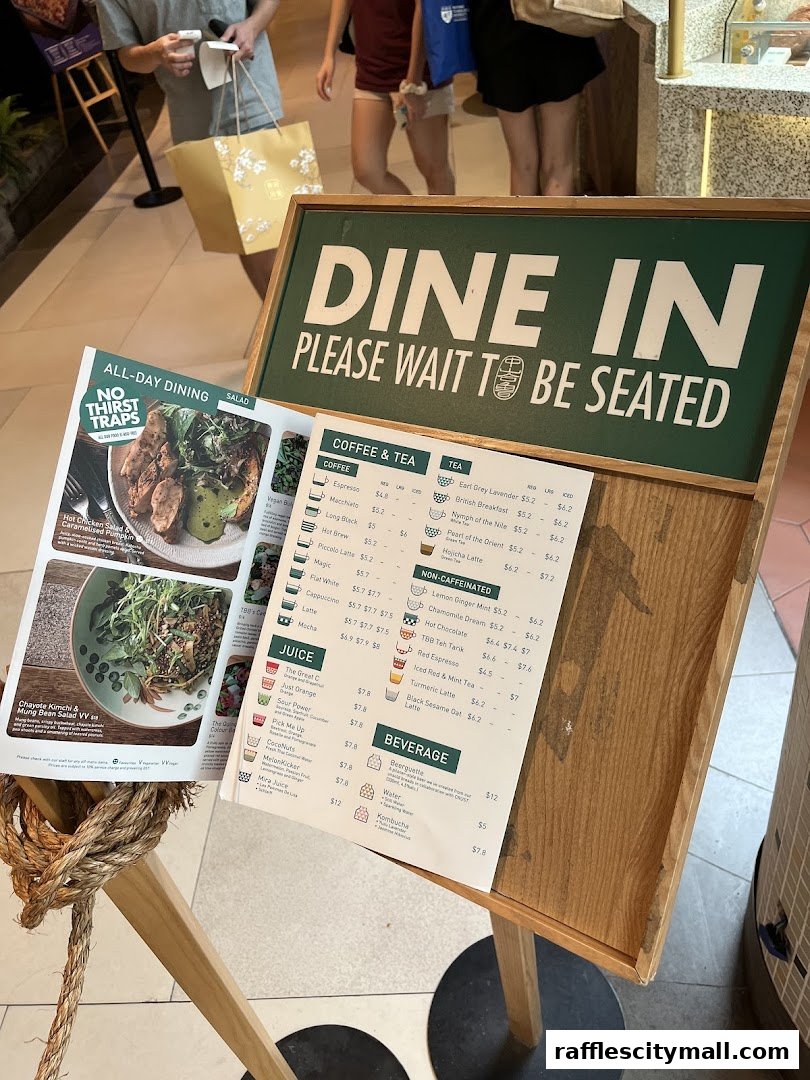 A menu board and flyer for Tiong Bahru Bakery, showcasing food and drinks.