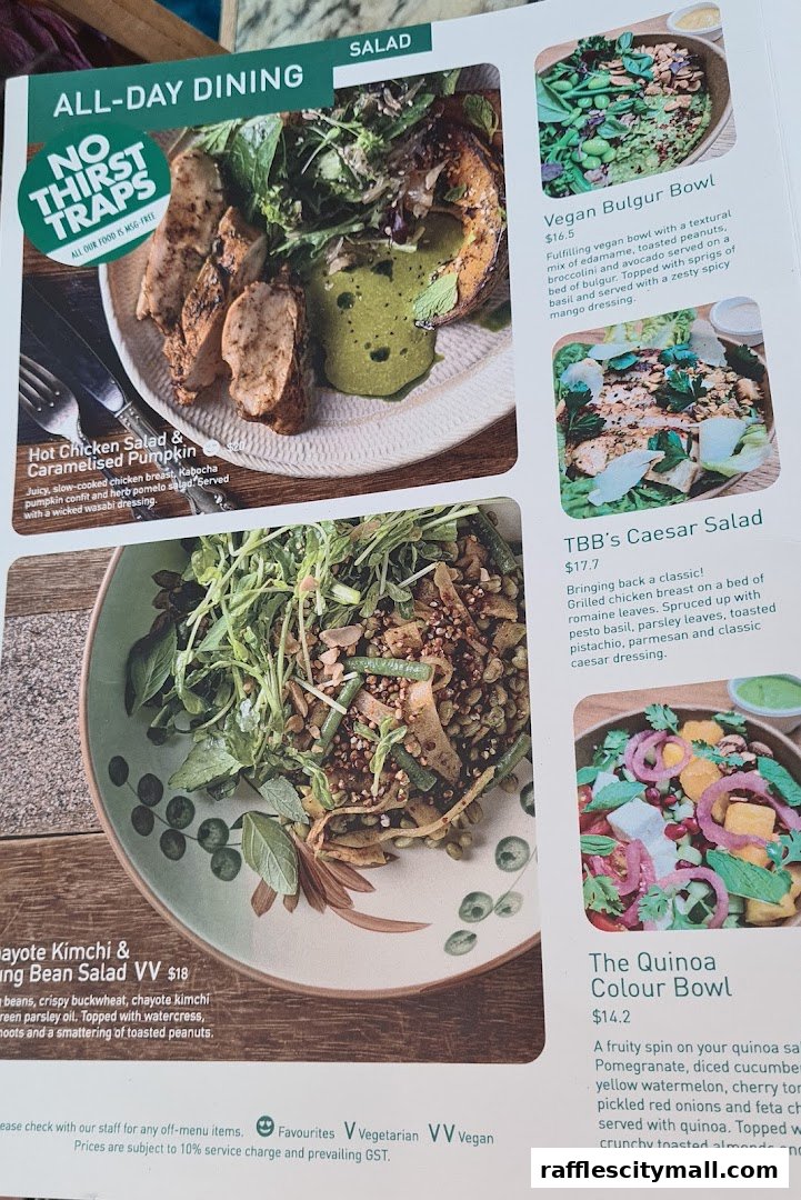 A menu page showcasing various salads and bowls with appealing food photography.